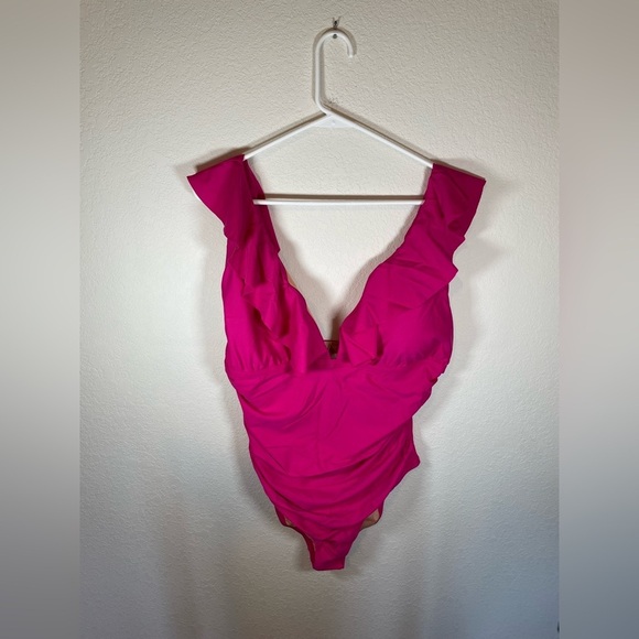 J.Crew fuchsia, pink ruffle ruched one piece swimsuit, size 18 - Picture 7 of 8